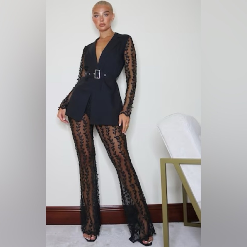 Black Woven Sheer Lace Sleeve Belt Blazer and Flared Lace Pants